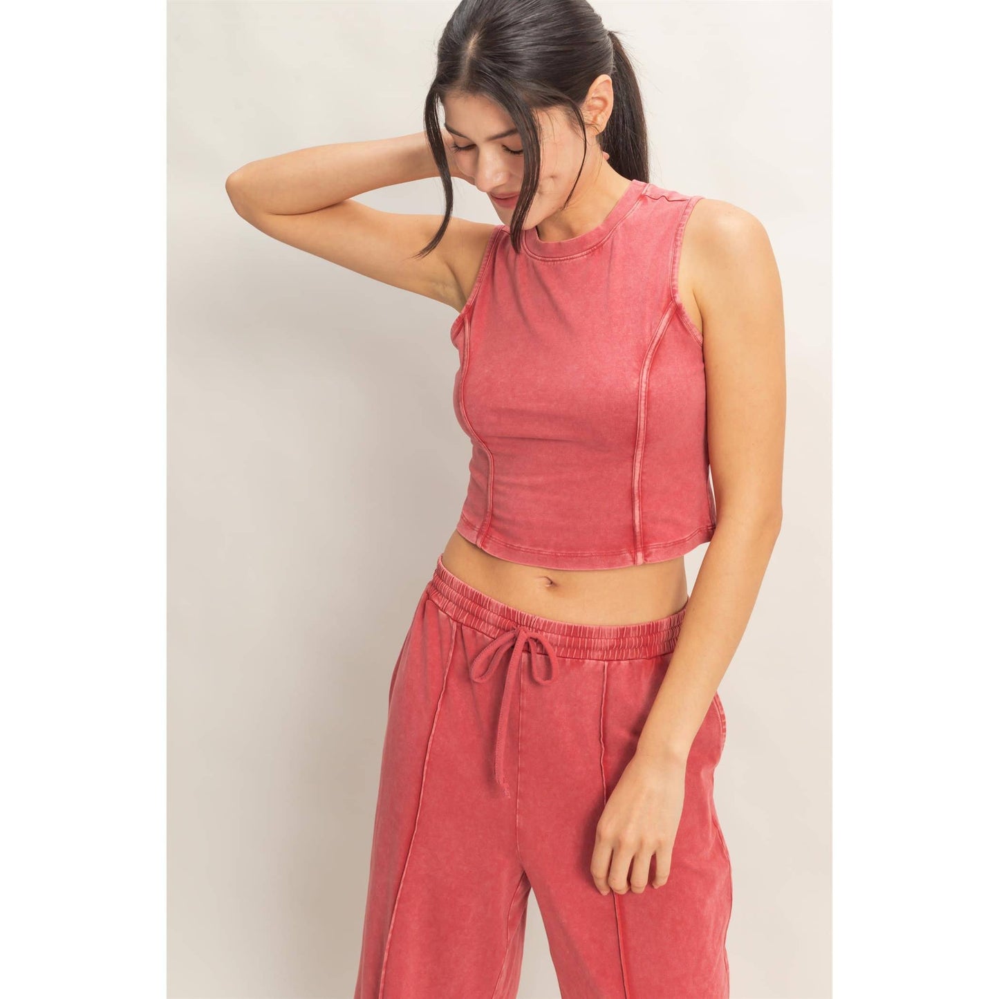 Mineral Washed Sleeveless Top & Wide Leg Pants Set: FUCHSIA / S-M-L(2-2-2)