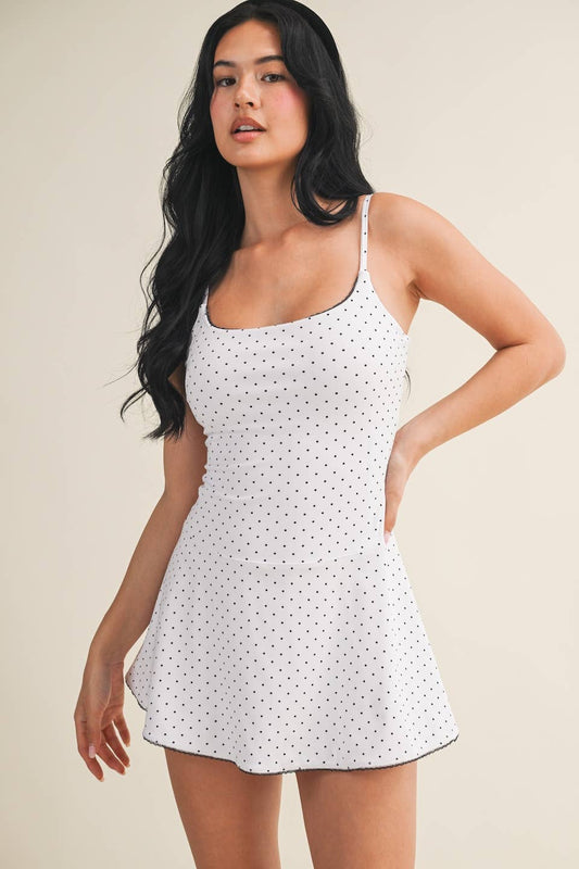 Polka Dot Print Lace Trim Ruffle Mini Dress: White Polka Dot / L