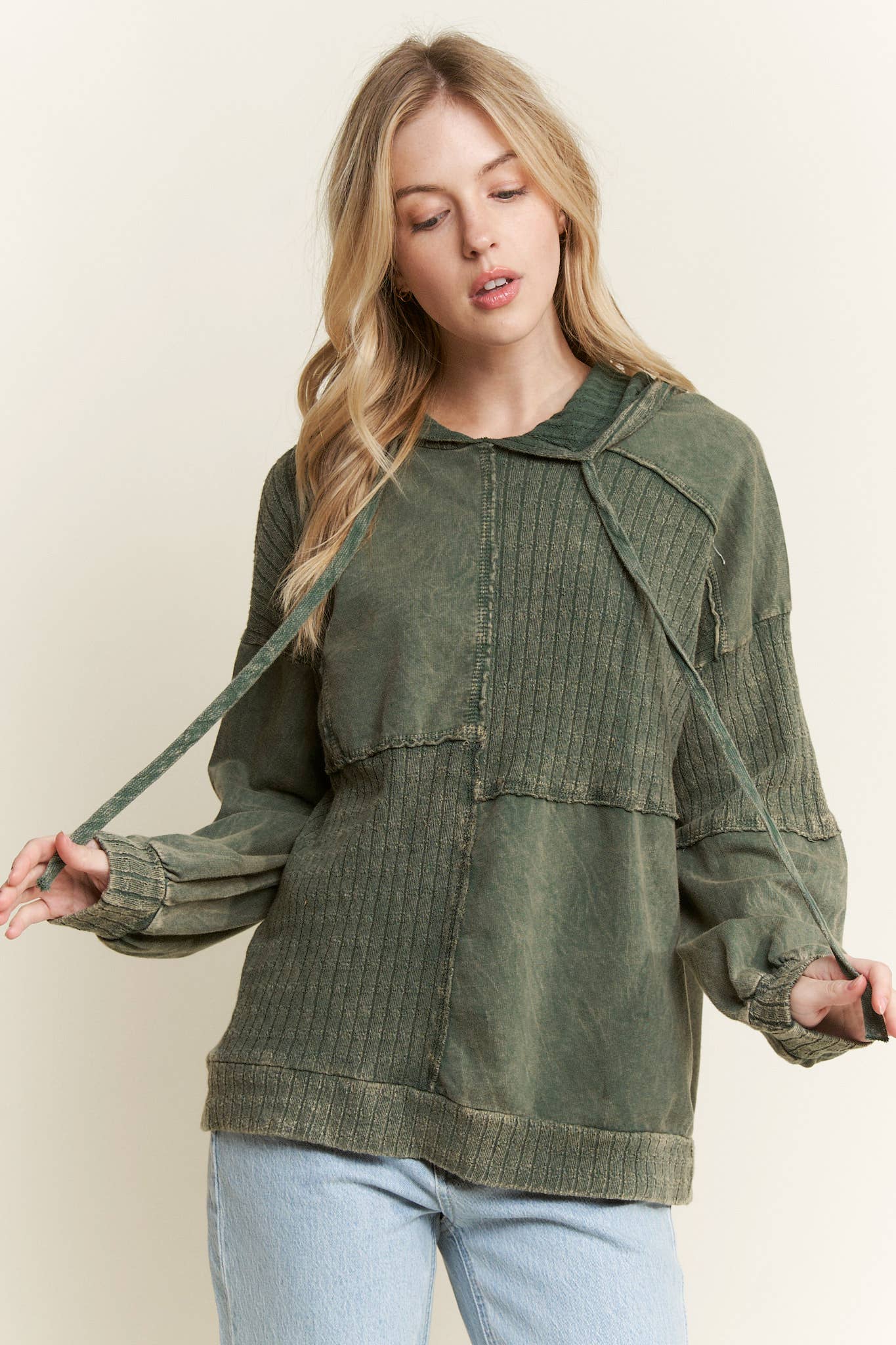 MineralWash Sweater block stitched hoodie shirt HT5969.: Olive / S-M-L / 2-2-2