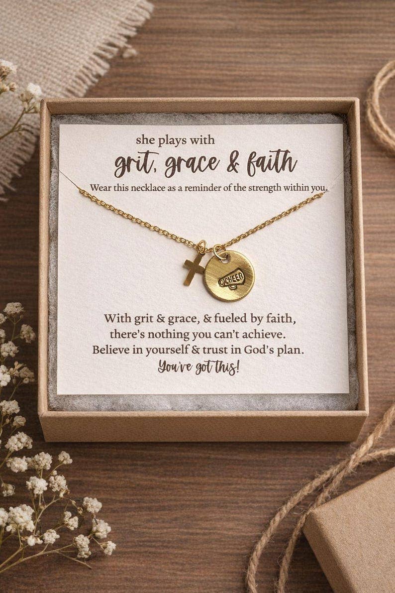 Megaphone Cross Necklace for Cheerleader – Grit Grace and Faith Gift – Cheer Team Jewelry – Senior Night Cheer Gift: Gold / Necklace & Card Only ($10.49)