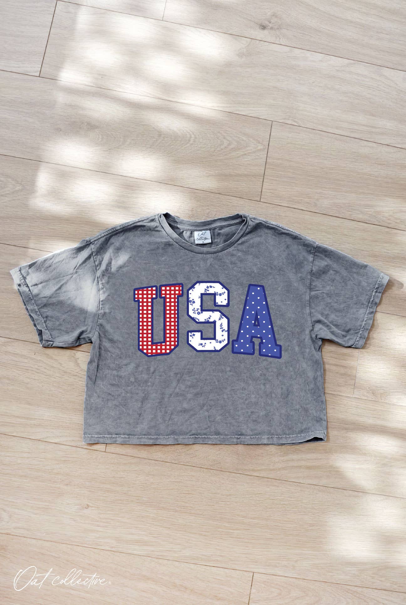 USA WITH PATTERN Cropped Mineral Graphic Top : CREAM / XL