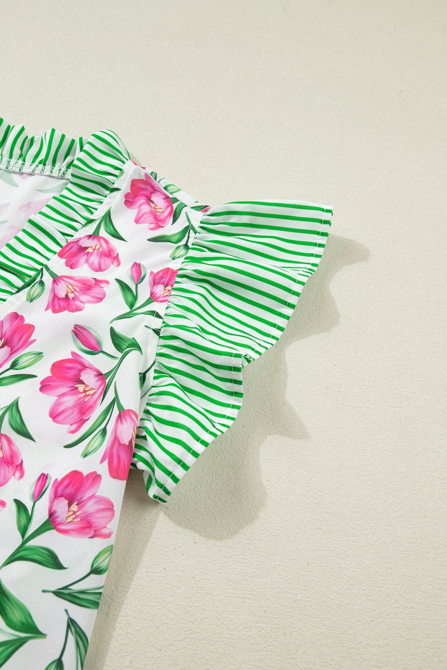 Multicolour Sweet Floral Print Striped Ruffle Trim V Neck Blouse: Multicolour / 100%Polyester / S