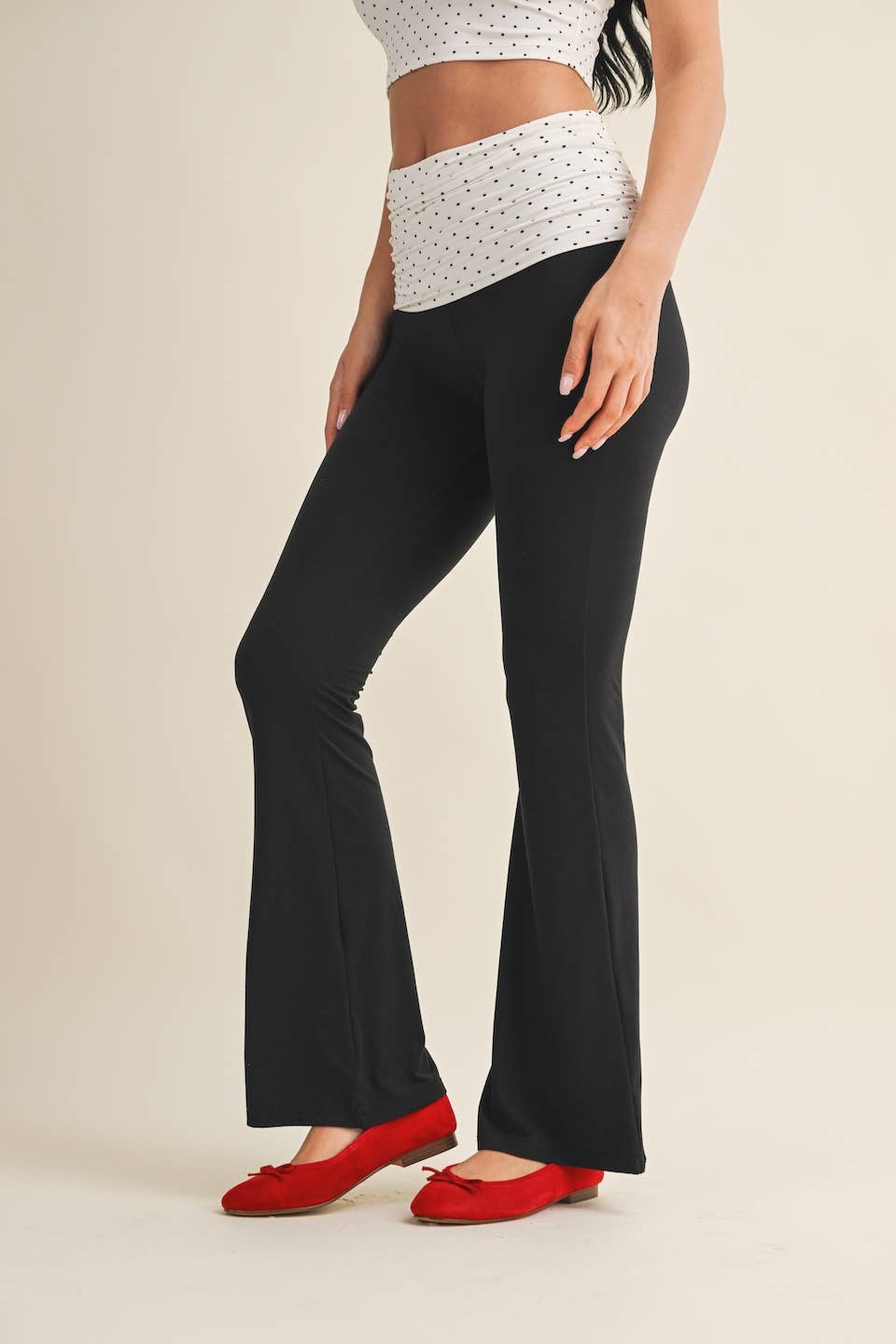 Polka Dot Soft Knit Foldover Flare Pants: White Polka Dot / M