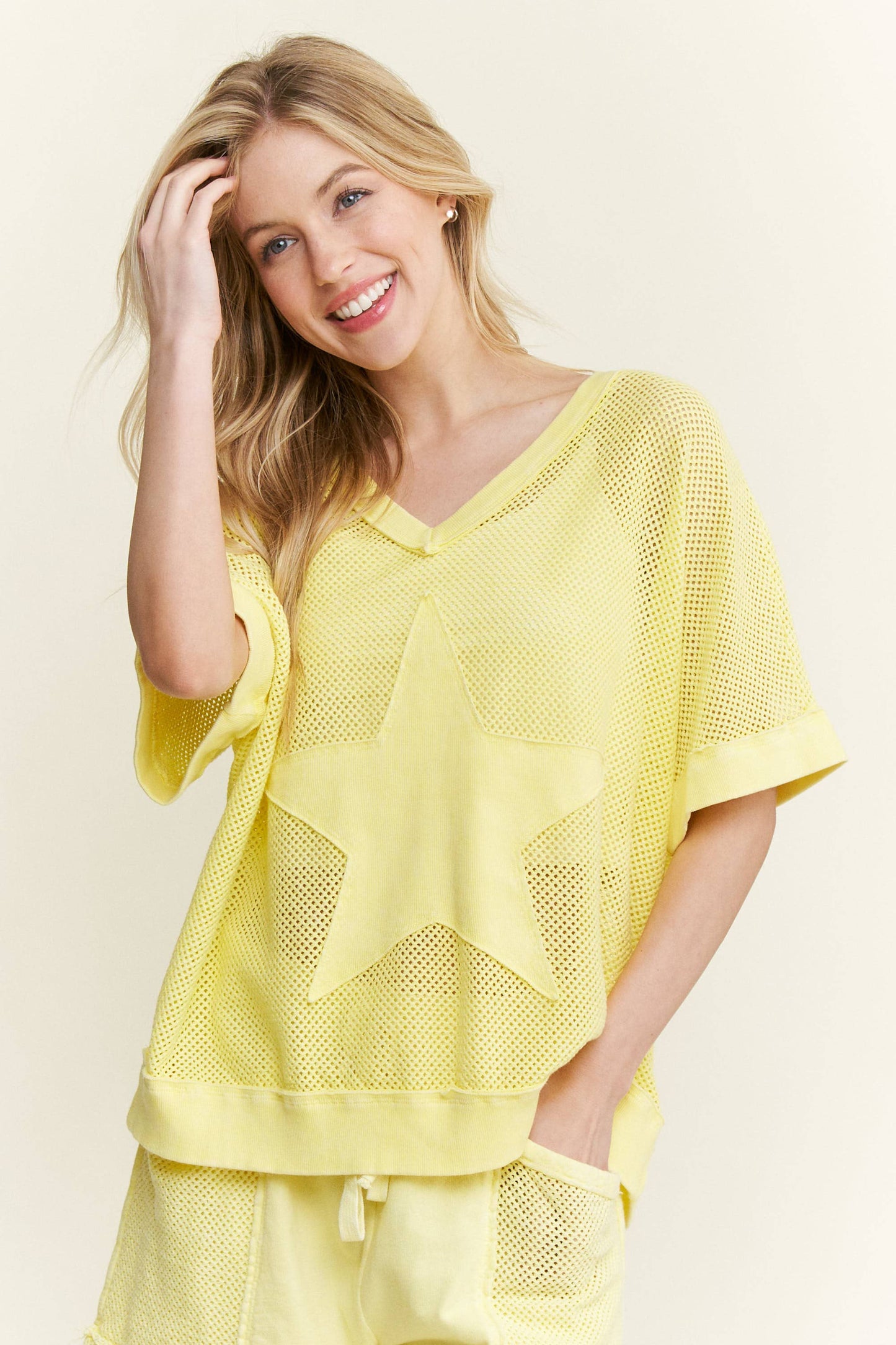 MineralWashed Star patched Mesh Knit Vest top HT6385: Hot Pink / S-M- L / 2-2-2