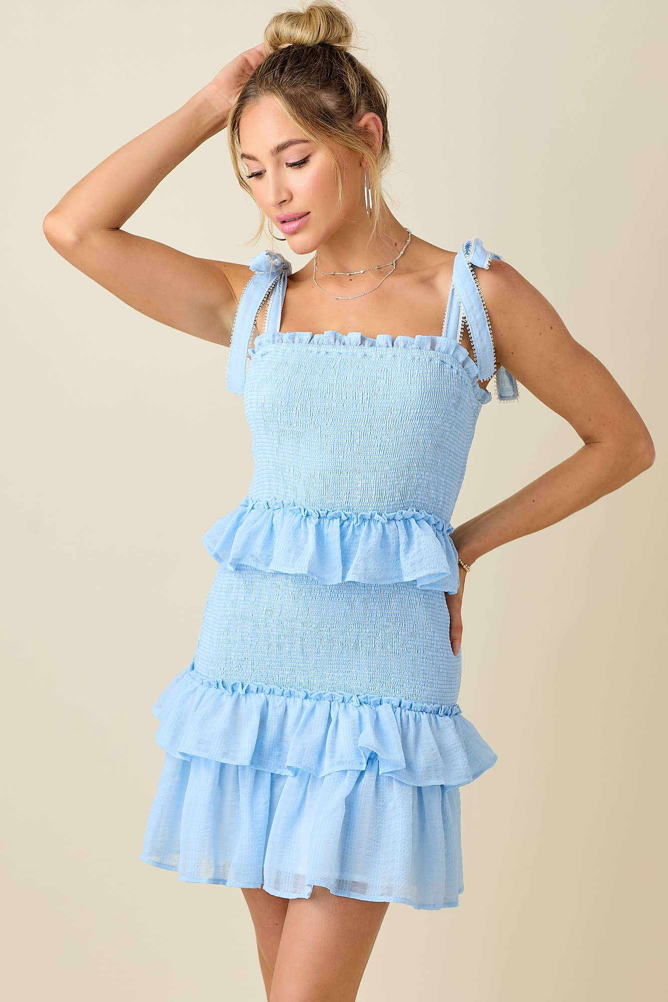 Jacquard smocked ruffled lace shoulder straps mini dress: BLUE / M