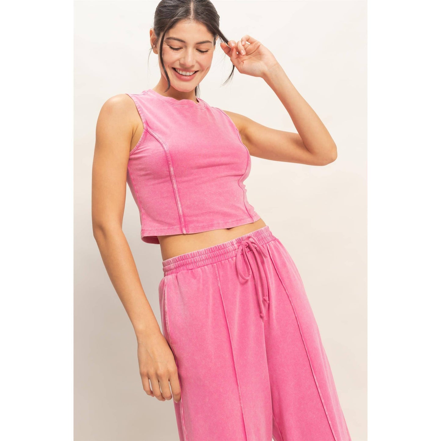 Mineral Washed Sleeveless Top & Wide Leg Pants Set: DARK TEAL / S-M-L(2-2-2)