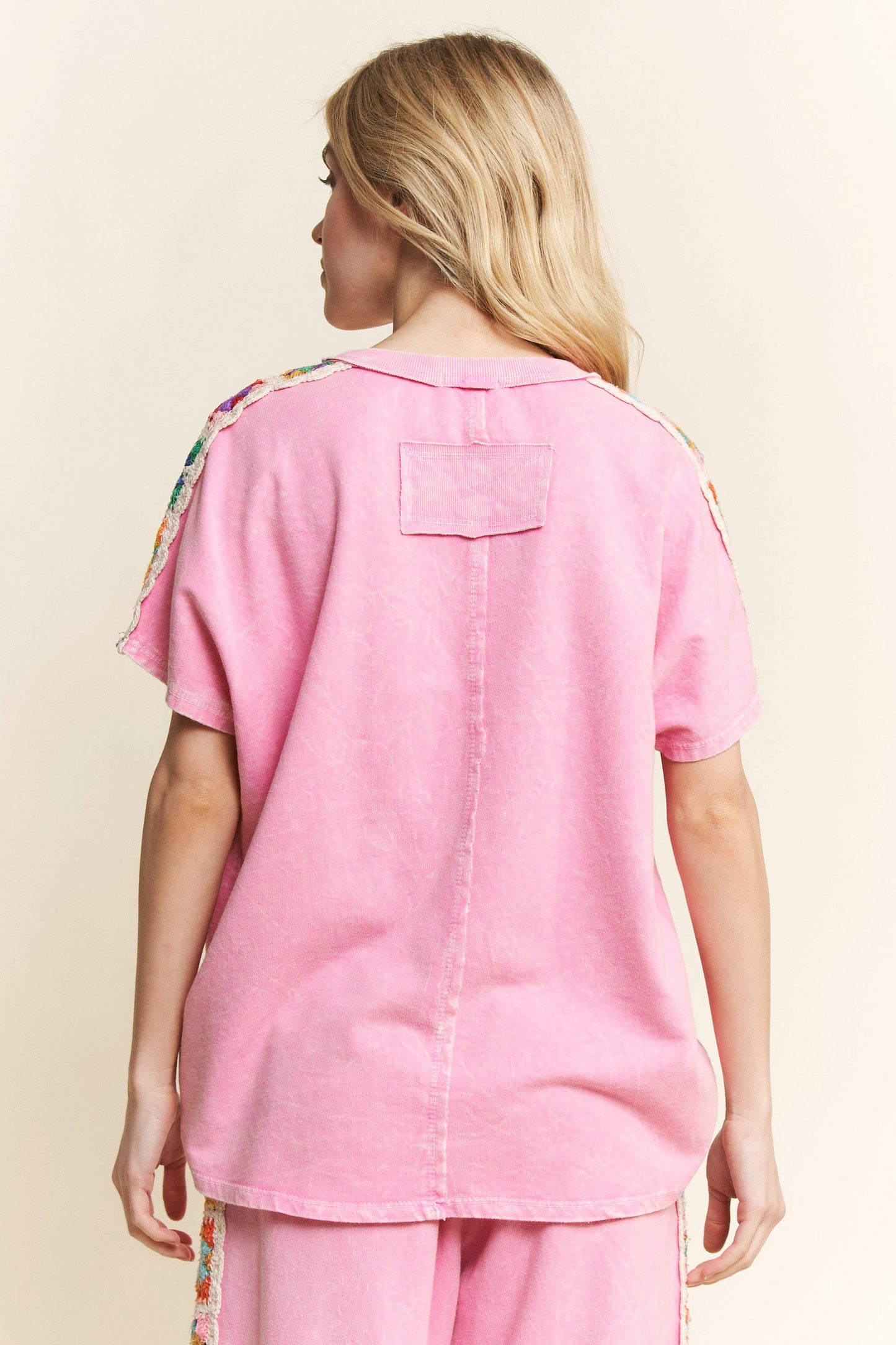 Mineral Washed Crochet patch side trim Knit top HT6395: Natural / S-M-L / 2-2-2
