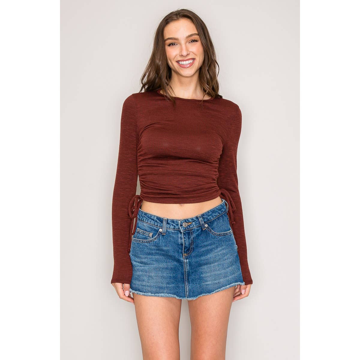 Scoop Neck Long Sleeve Side Drawstring Knit Top: Red / S-M-L(2-2-2)