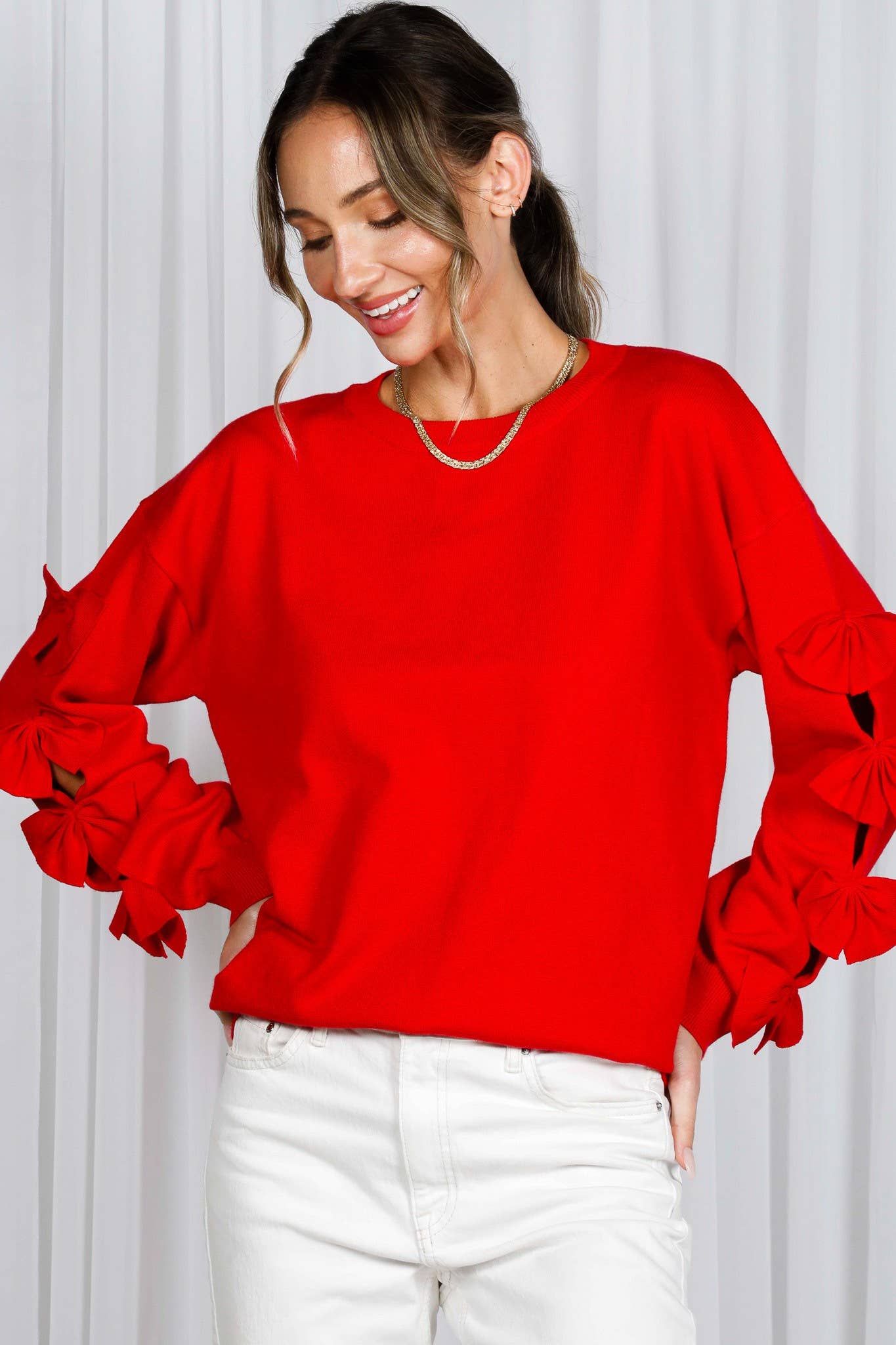 Bow Embellished Long-Sleeve Crew Neck Knit Sweater VT82605: Black / L