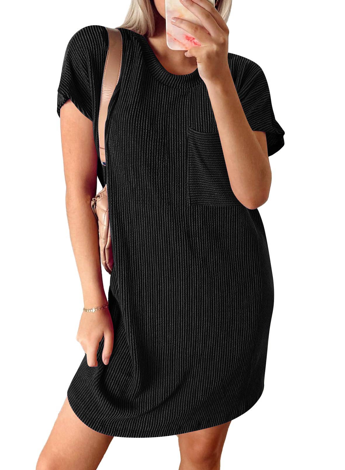 Summer Casual T-shirt Short-sleeved Dress (With Pockets): Black / 65%Rayon + 35%Polyester / XXL