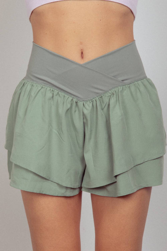 NP70343-V-Shaped Waist Athletics Activewear Shorts: SAGE / S-M-L/2-2-2