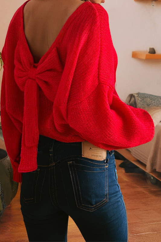 LDC Bow Backless Bubble Sleeve Festive Sweater: Fiery Red / XL