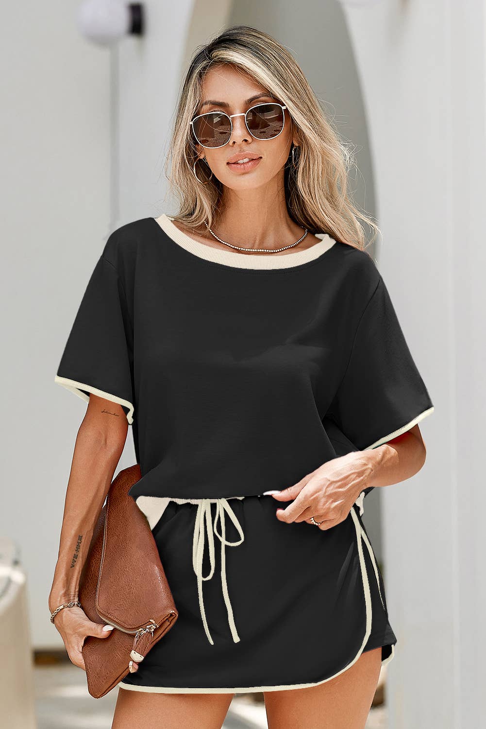 LDC Colorblock Edge Drop Shoulder T Shirt and Skirt 2Pcs Set: Evergreen / L