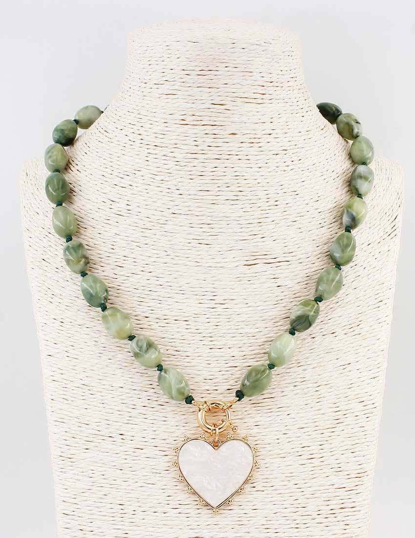 Green Beaded with Pearlized Heart 16"-18" Necklace
