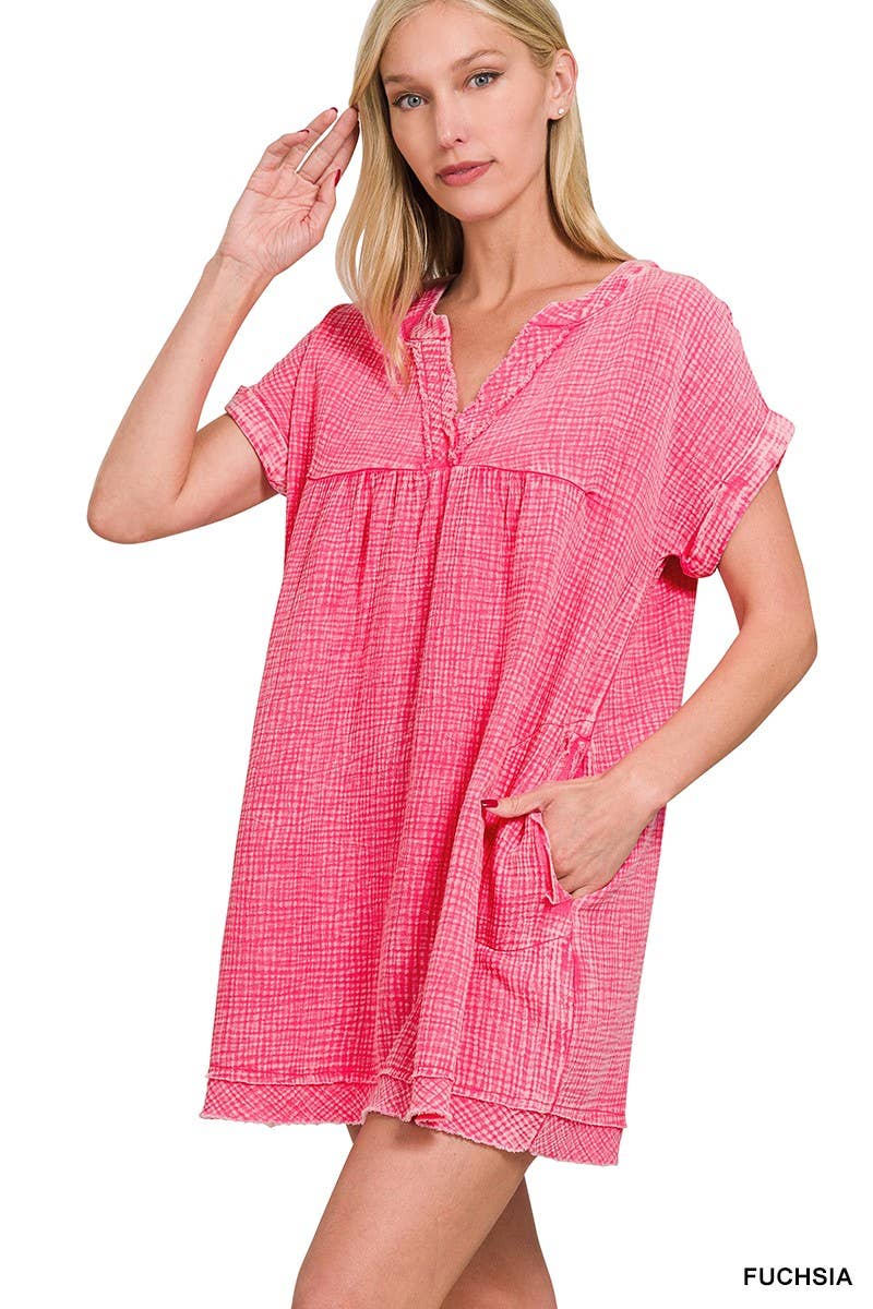 Washed Double Gauze Raw Edge V-neck Dress: DEEP SKY / 2-2-2(S-M-L)