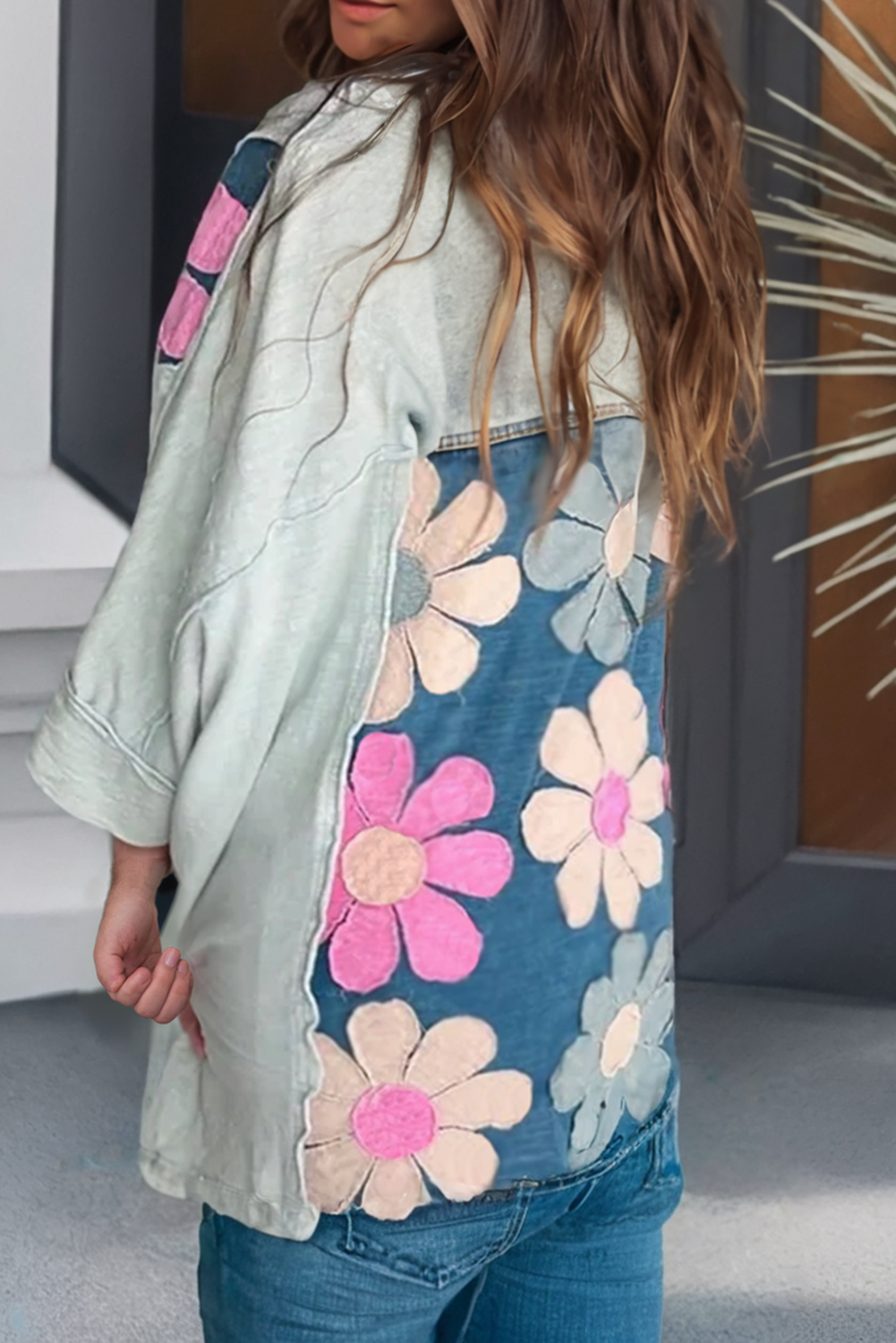 LDC Patchwork Floral V Neck Bracelet Sleeve Oversized Blouse: Green / Plus-1X