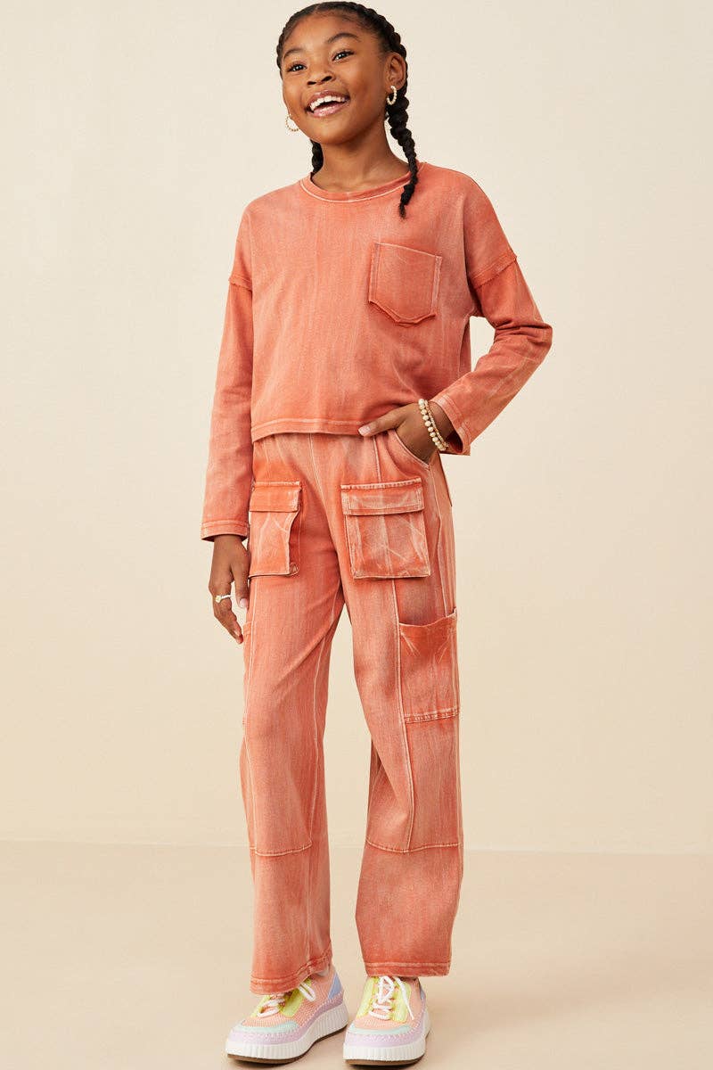 Girls Washed Cargo Pocket Detail Wide Leg Knit Pants - 4Pc: Rust / Pack