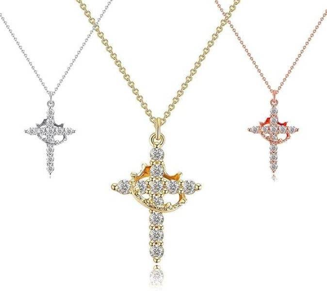 Sparkling Crown Cross Pendant Necklace Christian Jewelry: Silver
