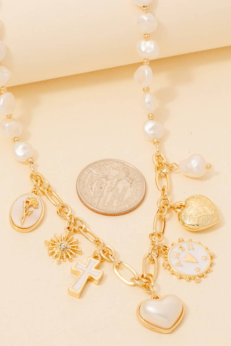 Heart Cross And Coins Pearl Beaded Necklace: GDCRM