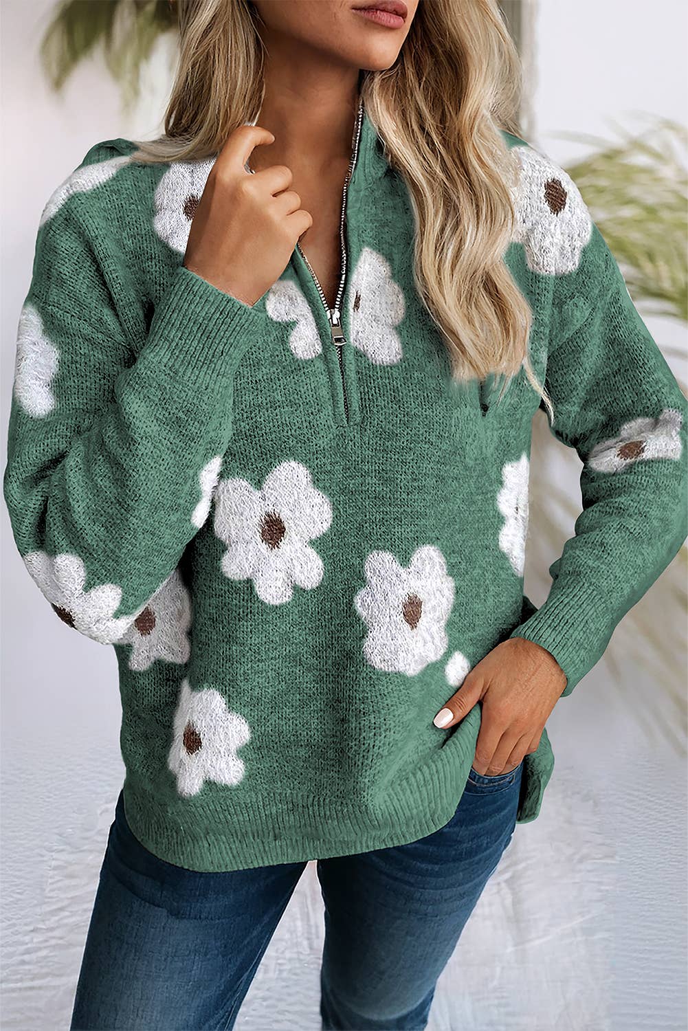 LDC Floral Pattern Drop Shoulder Half Zip Sweater: Green / Missy / L