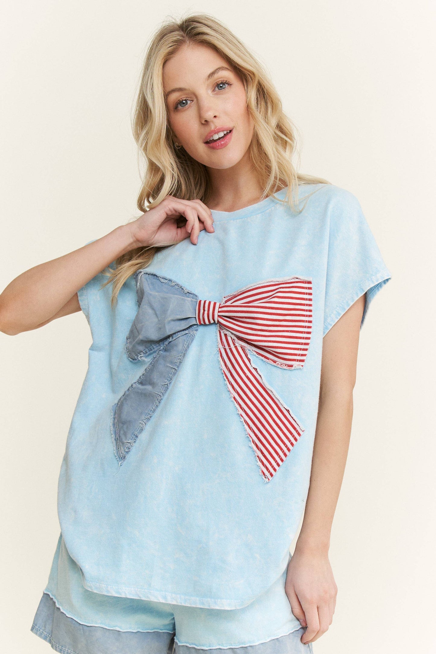 MineralWashed Americana Bow Sleeveless Blouse top HT5647P2.: Cyan