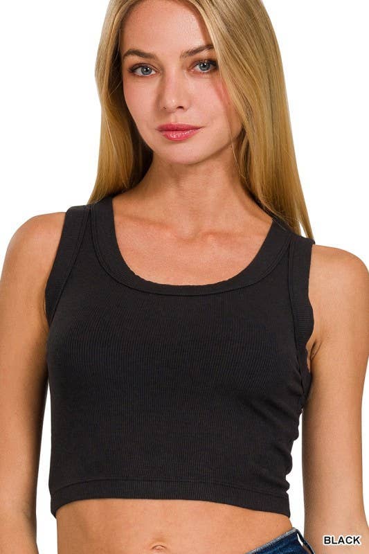 Ribbed Scoop Neck Cropped Tank Top: BLACK / 2-2-1 (S-M-L)
