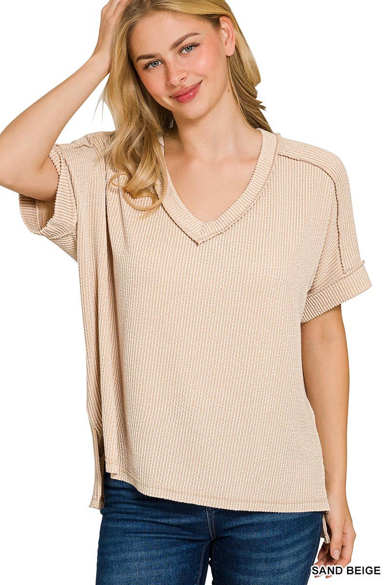 Raised Rib Short Sleeve Hi-low V Neck Top: RUBY / 3-3(S/M-L/XL)