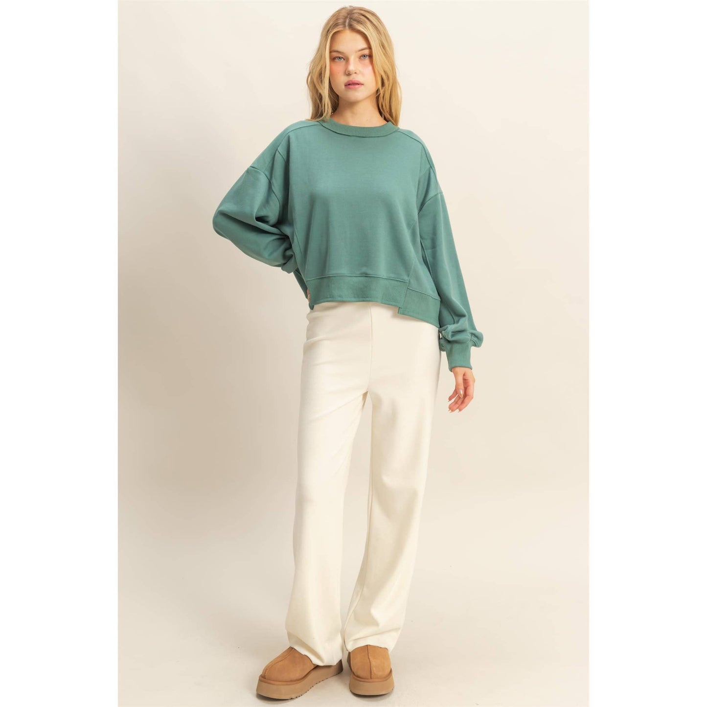 Layered Hem Sweatshirt With Raw Edges: MOSS GREEN / S-M-L(2-2-2)