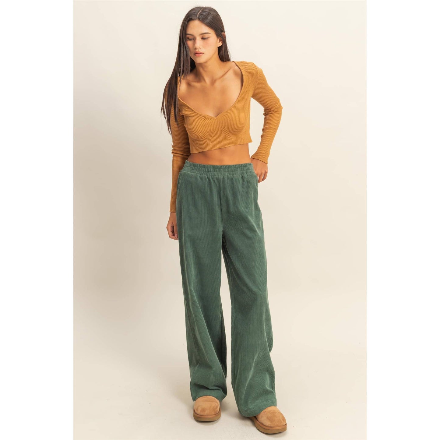 Corduroy High-Waisted Wide Leg Pants: BLACK / S-M-L(2-2-2)