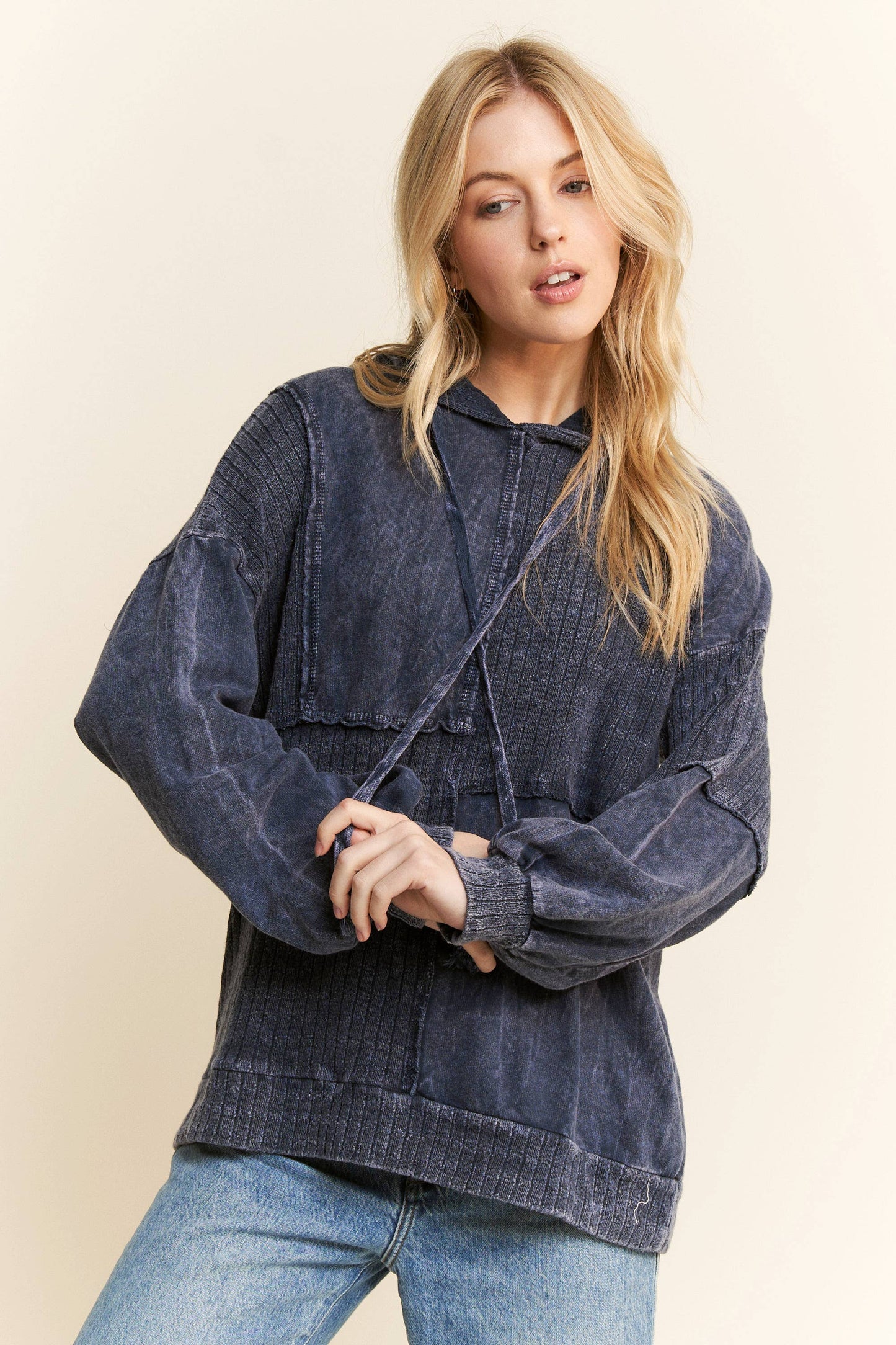 MineralWash Sweater block stitched hoodie shirt HT5969.: Olive / S-M-L / 2-2-2