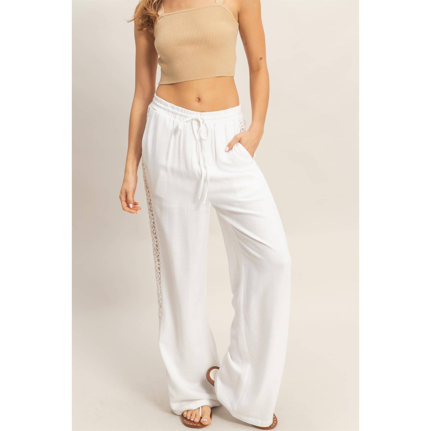 Lace Trim Wide Leg Pants: TERACOTTA / S-M-L(2-2-2)