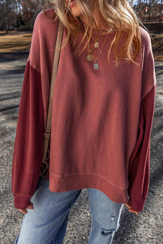 Two Tone Patchwork Drop Shoulder Pullover Sweatshirt: Mineral Red / 50%Polyester+50%Cotton / XL