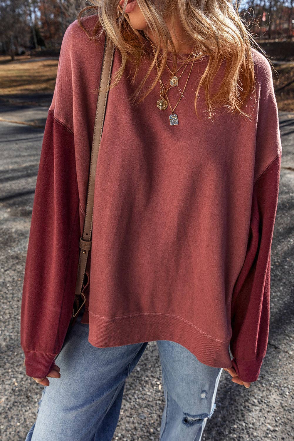 Two Tone Patchwork Drop Shoulder Pullover Sweatshirt: Mineral Red / 50%Polyester+50%Cotton / M