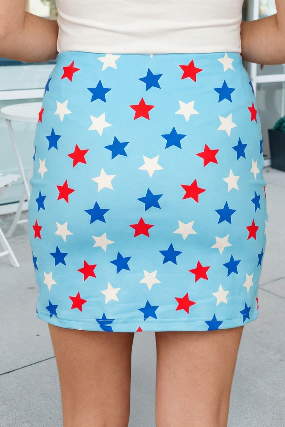 Patriotic Star Printed Beaded Drawstring Mini Skort (S-XL): Blue / Missy / L