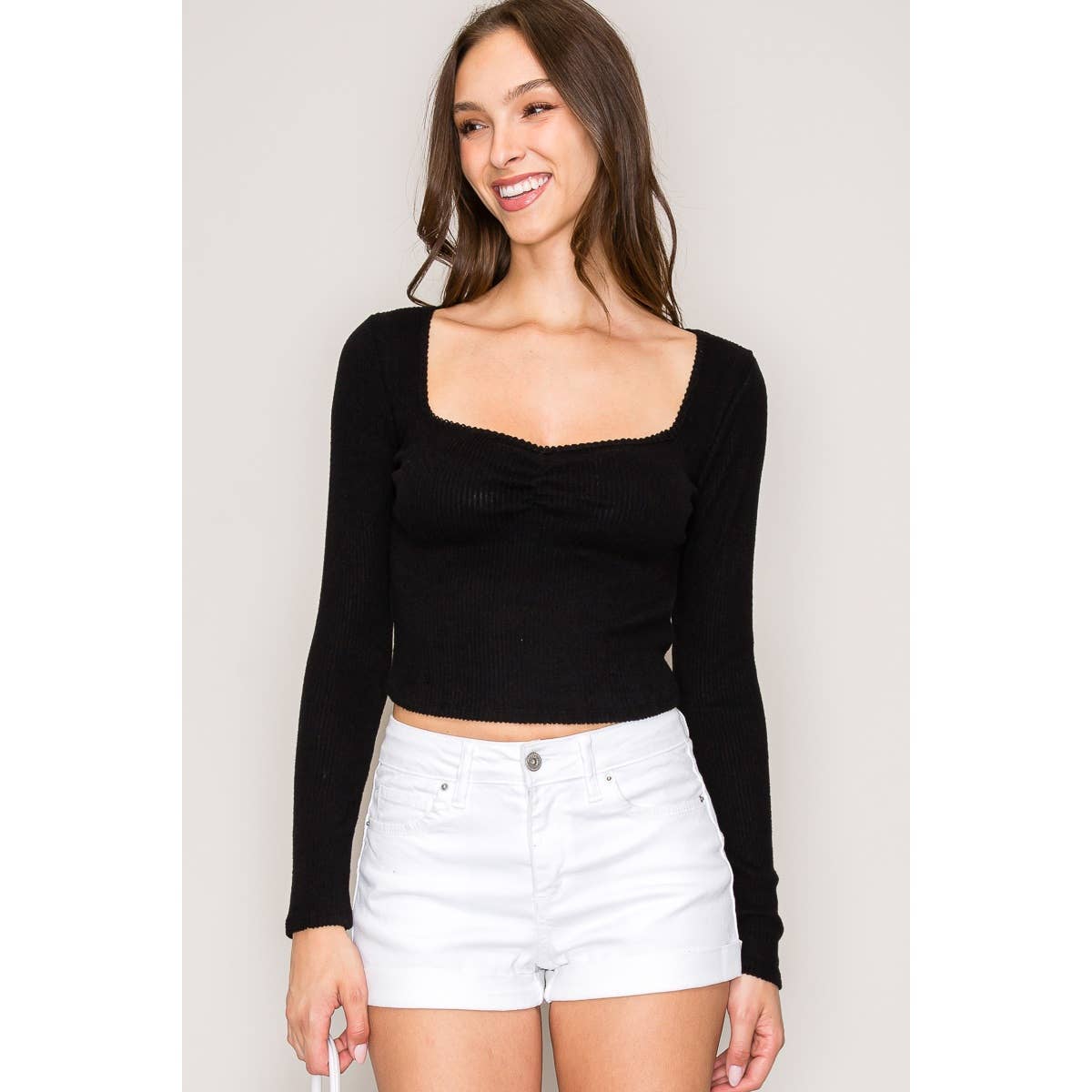 Sweetheart Neck Long Sleeve Sweater Hacci Rib Top: Heather Grey / S-M-L(2-2-2)