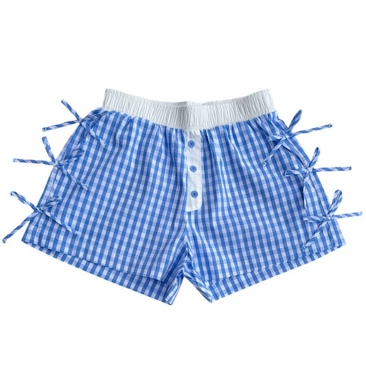 BB-4828 BUTTON BOW GINGHAM BOXER SHORTS LIGHT BLUE: LIGHT BLUE / XSmall