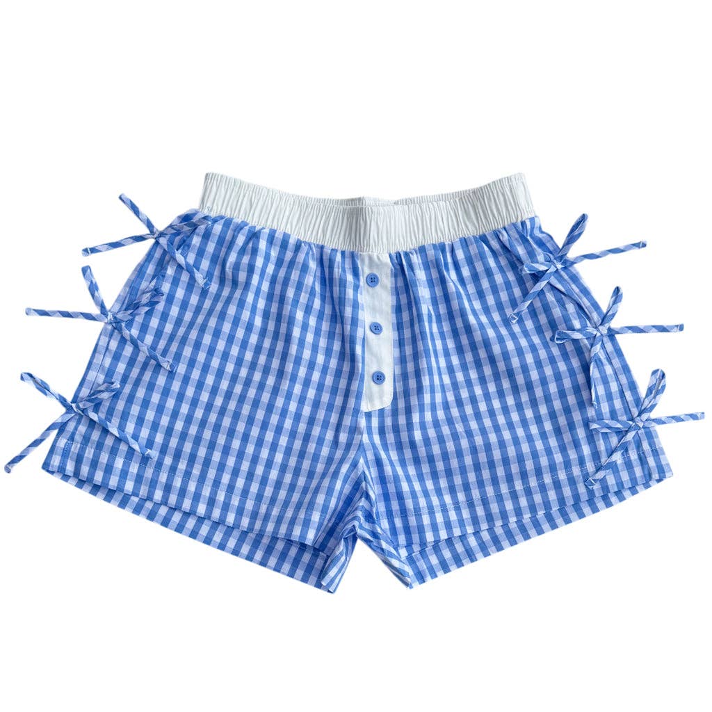 BB-4828 BUTTON BOW GINGHAM BOXER SHORTS LIGHT BLUE: LIGHT BLUE / Large