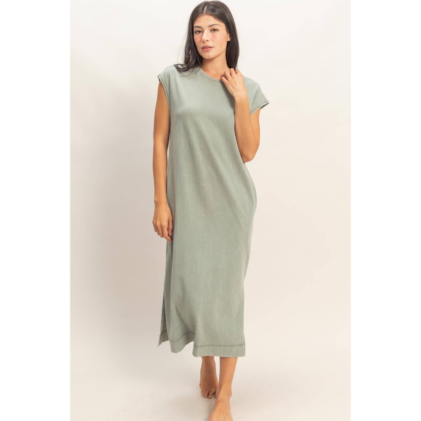 Mineral Wash Cap Sleeve Midi Dress: DARK TEAL / S-M-L(2-2-2)