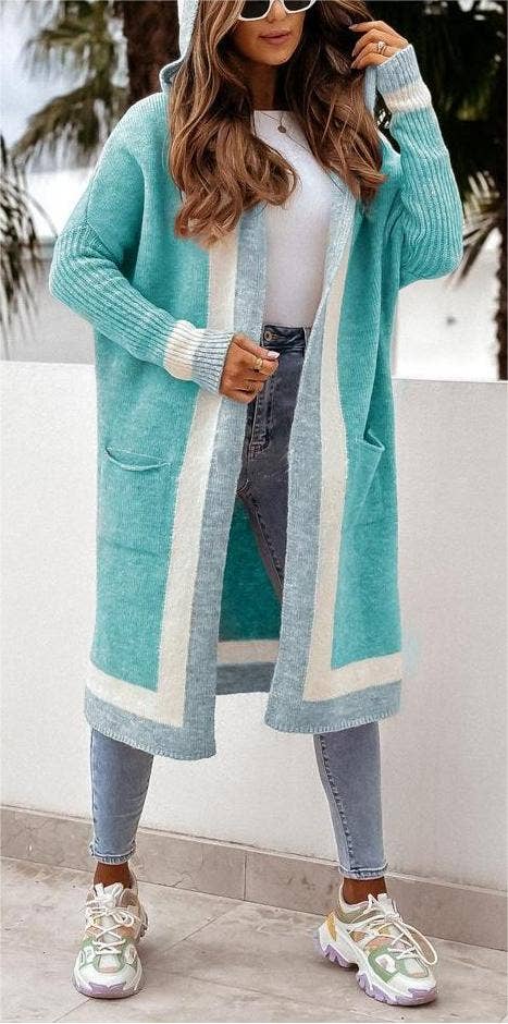 Casual versatile hooded long cardigan sweater: Rose_red / L