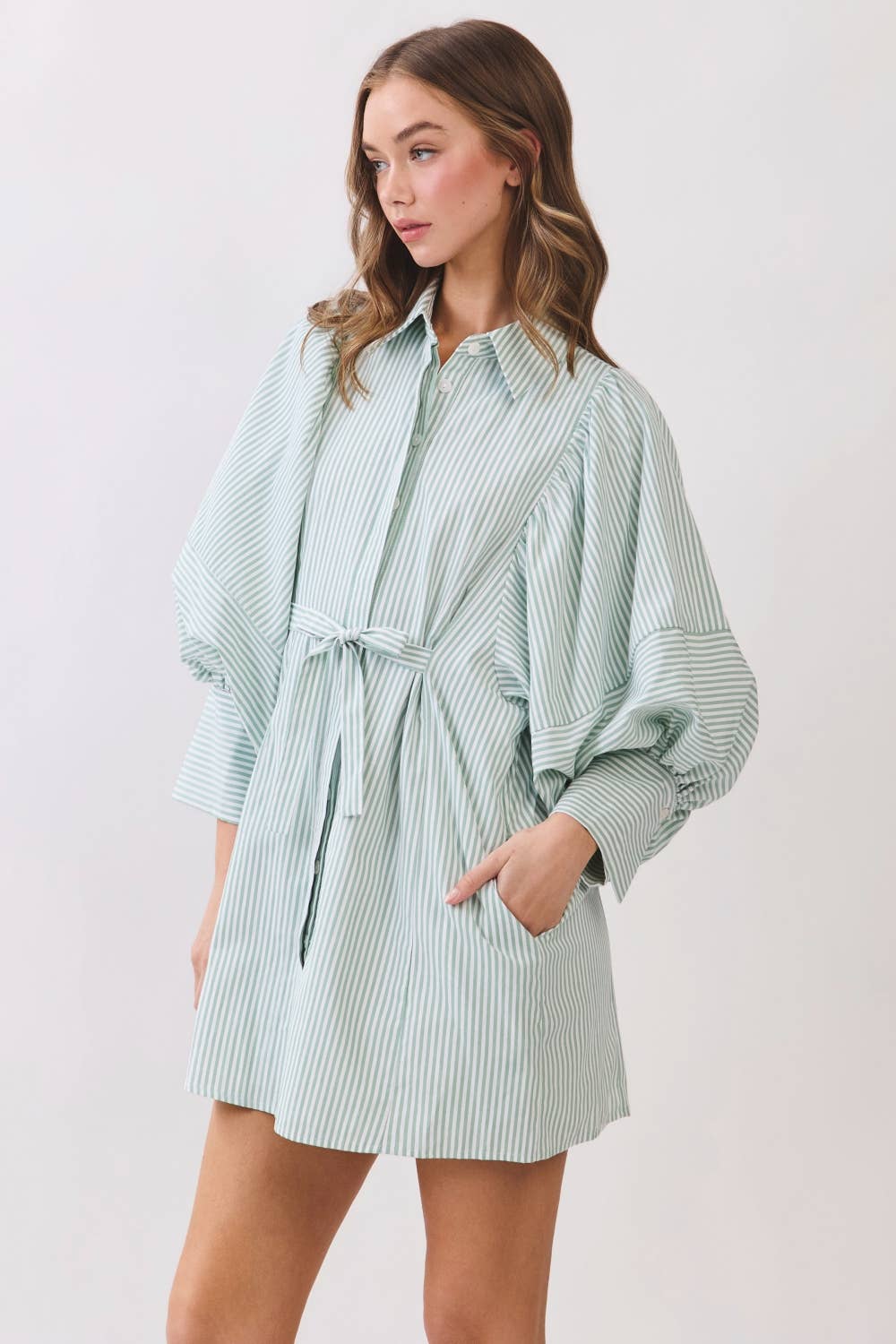 Statement Sleeve Mini Shirt Dress REMI245-S : PINK STRIPE / M