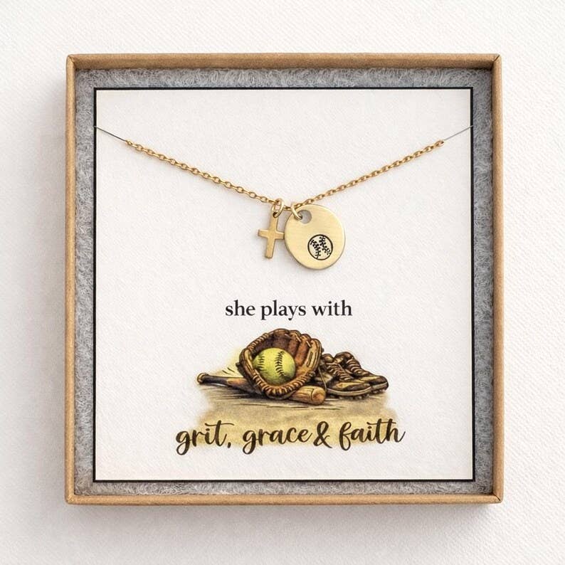 Softball Cross Mustard Seed Necklace for Girl – Faith Based Softball Player Gift, Christian Athlete Jewelry, Senior Night Gift: Gold Add Gift Box / Without Mustard Seed