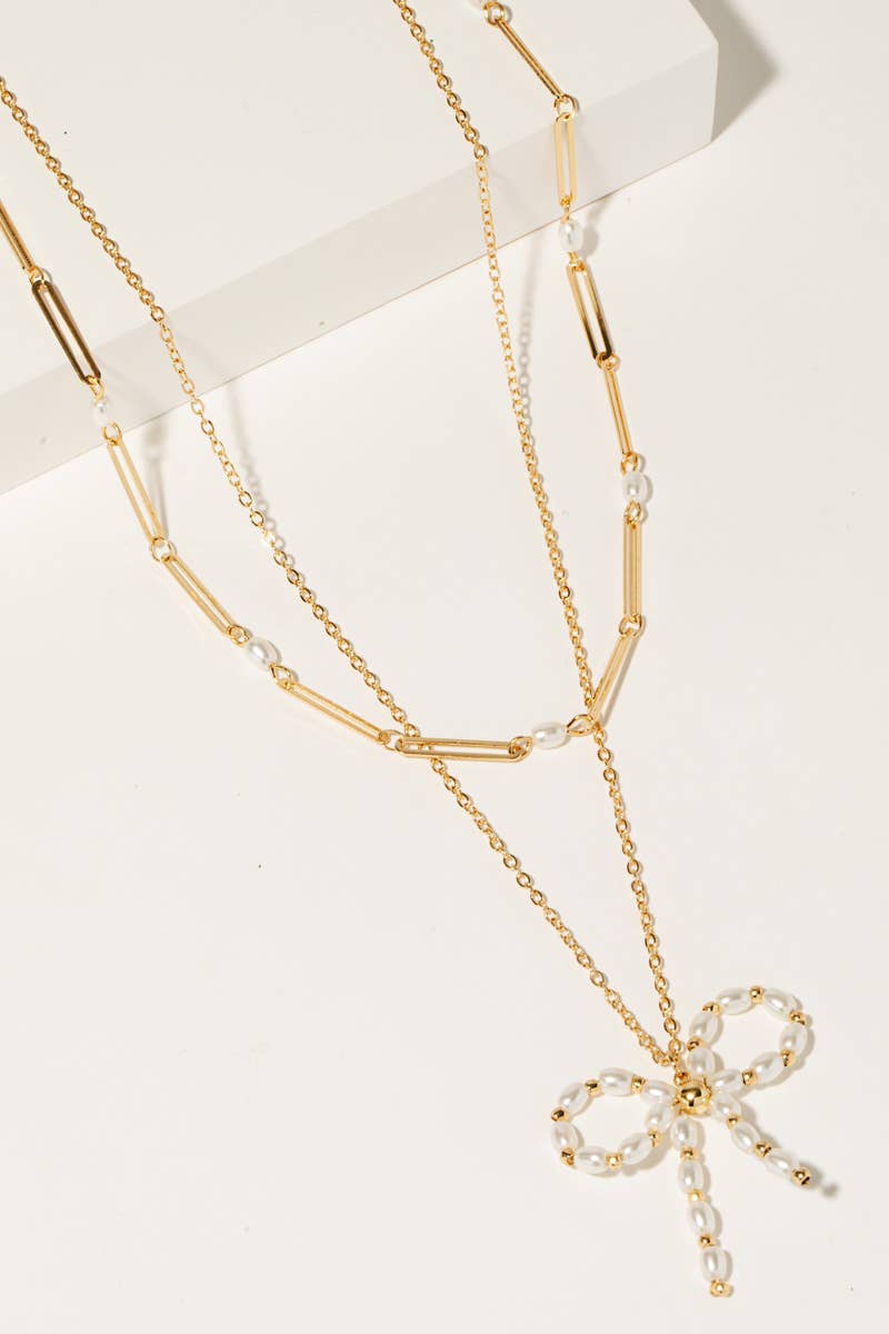Pearl Beaded Ribbon Bow Pendant Layered Chain Necklace: GWT
