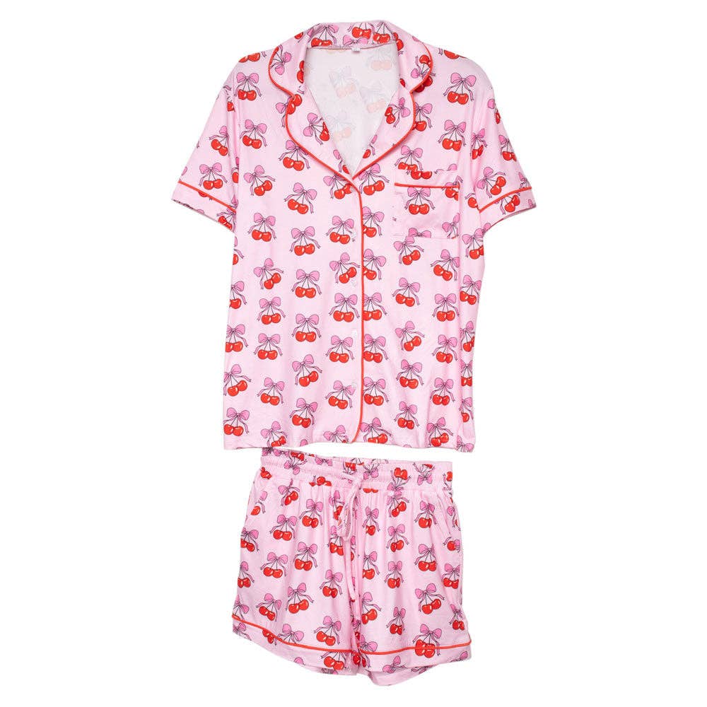 Cherry Bow Repeat Wholesale Cotton Pajamas: Light Pink / L