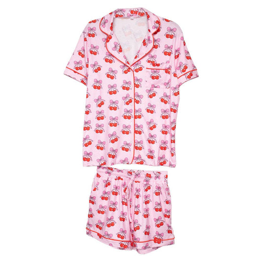 Cherry Bow Repeat Wholesale Cotton Pajamas: Light Pink / L