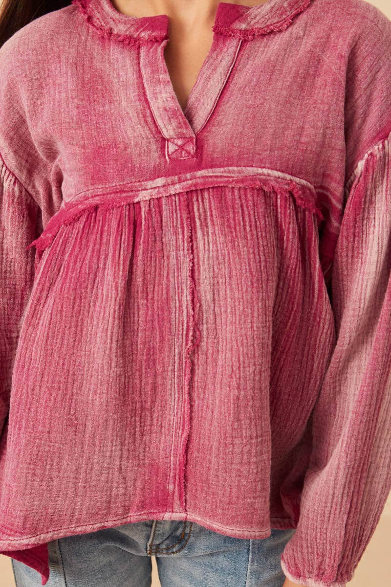 Girls Washed Raw Edge Puff Sleeve Peplum Top - 4 Pack: Magenta / Pack
