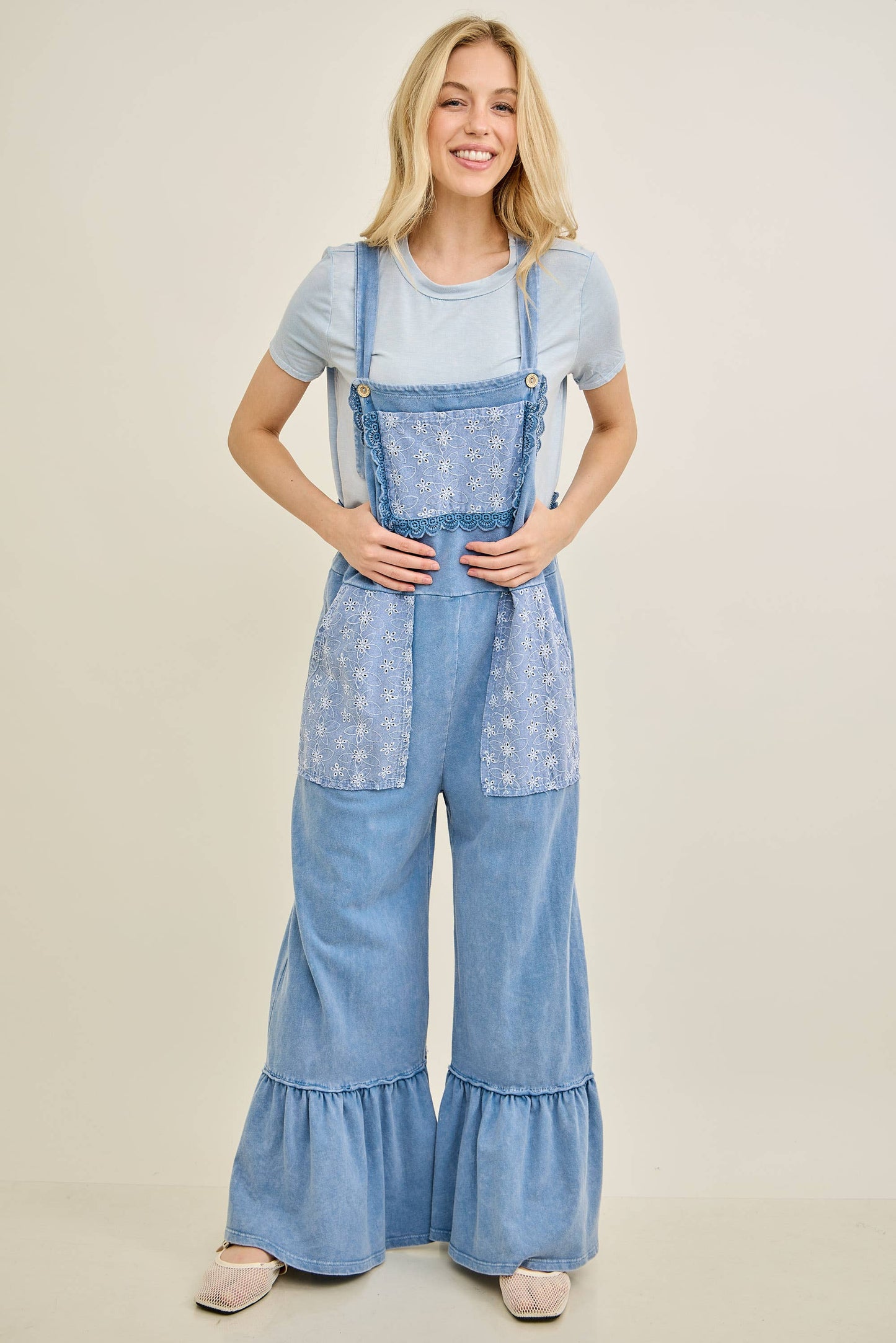 Mineral Washed Tea Party Ruffle Jumpsuits HJ7065: CottonCandy / S-M-L / 2-2-2