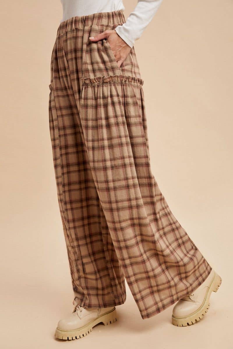 Plaid Crepe Woven Flare Pants: LATTE / 2-2-2-2(S-M-L-XL)