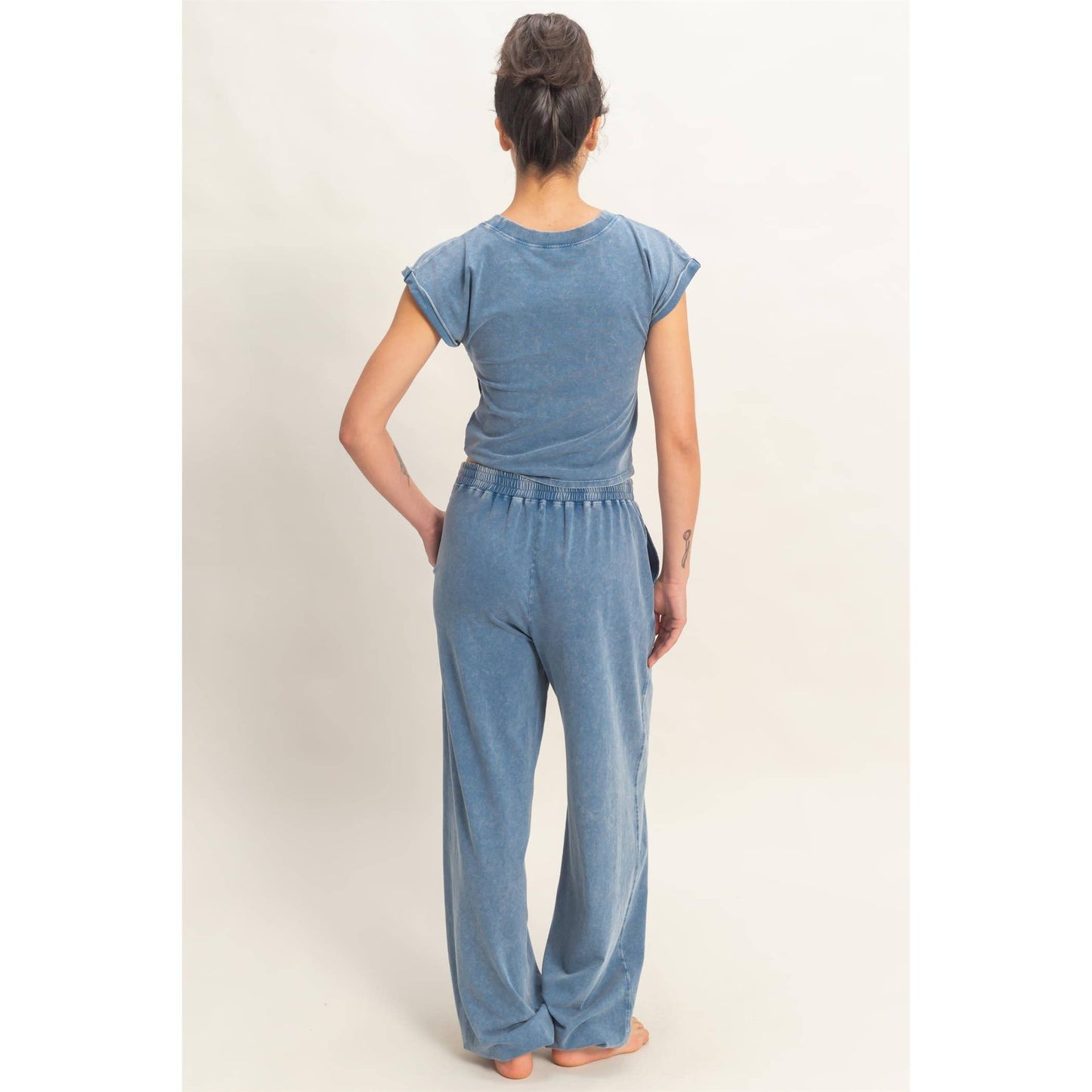 Rolled Sleeve Wrap-Front Crop Top And Jogger Set: DARK TEAL / S-M-L(2-2-2)