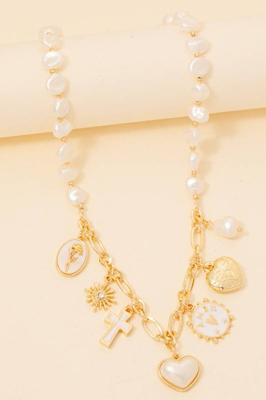 Heart Cross And Coins Pearl Beaded Necklace: GDCRM