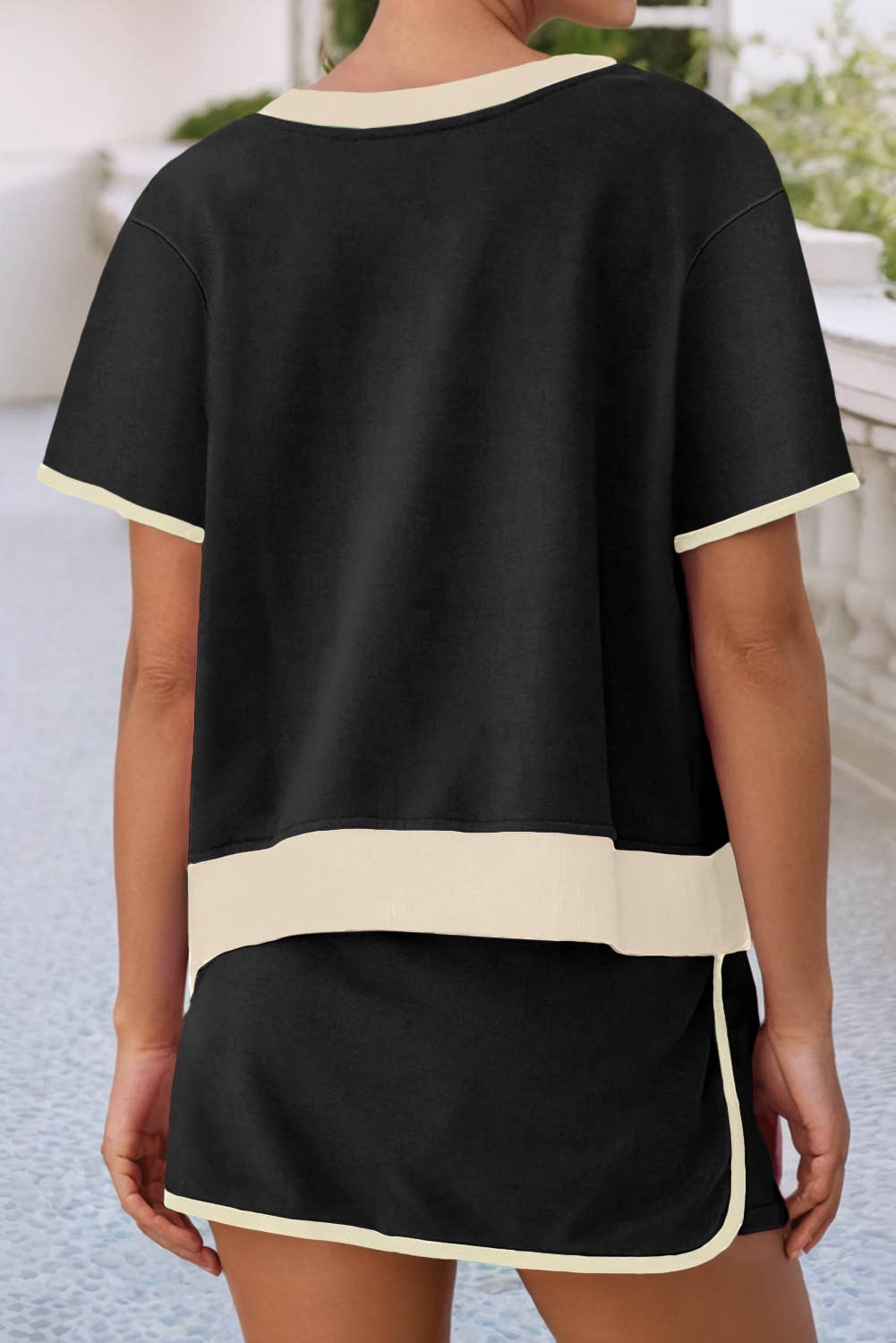 LDC Colorblock Edge Drop Shoulder T Shirt and Skirt 2Pcs Set: Black / XL